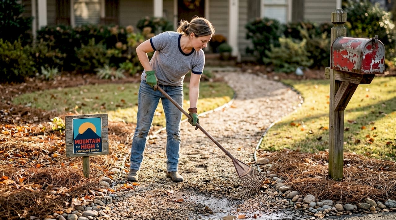 Raking gravel along a Georgia walkway