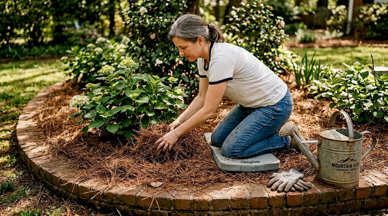 Spreading pine straw mulch in Atlanta garden