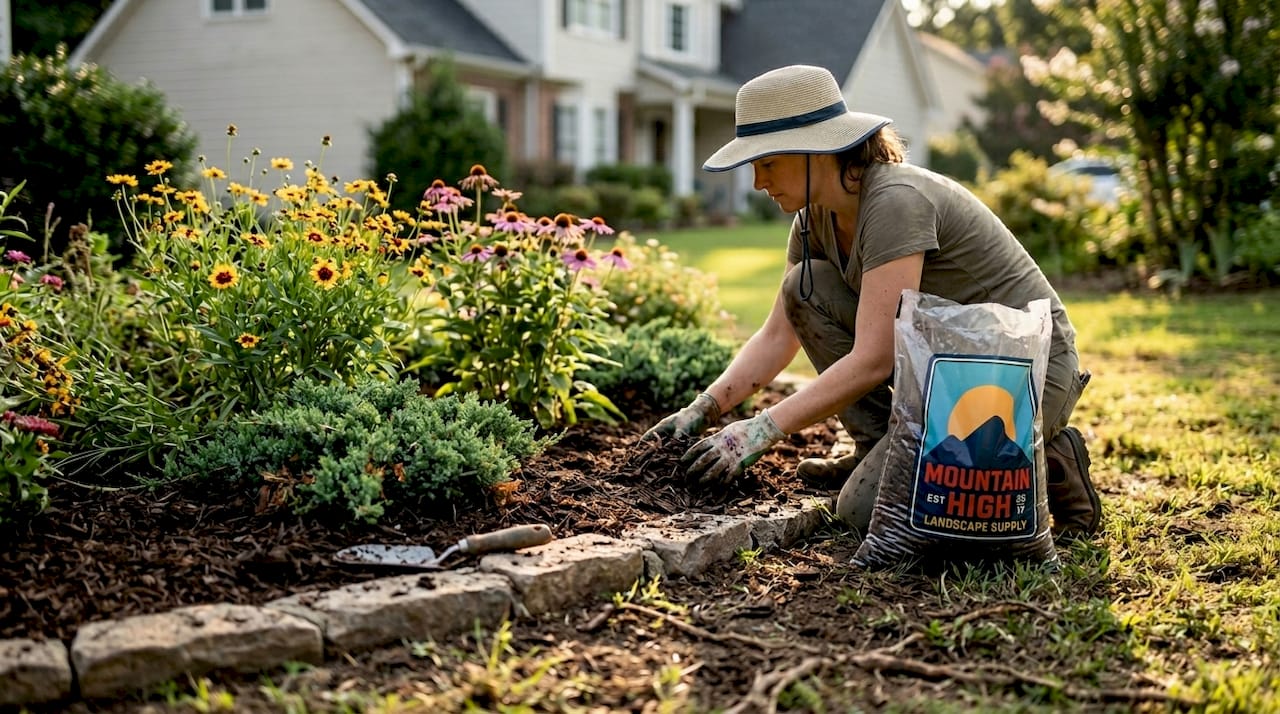 Gardener mulching flower bed in Atlanta yard