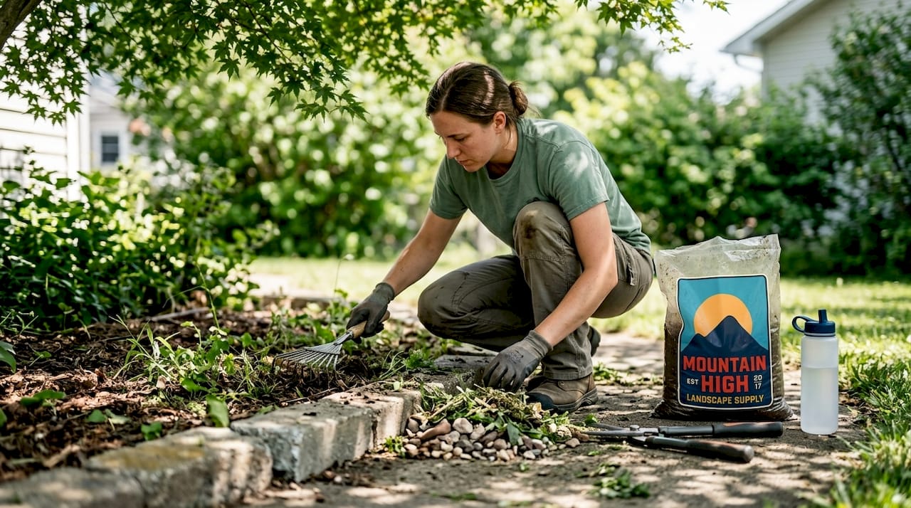 Landscaper preparing bed by clearing weeds