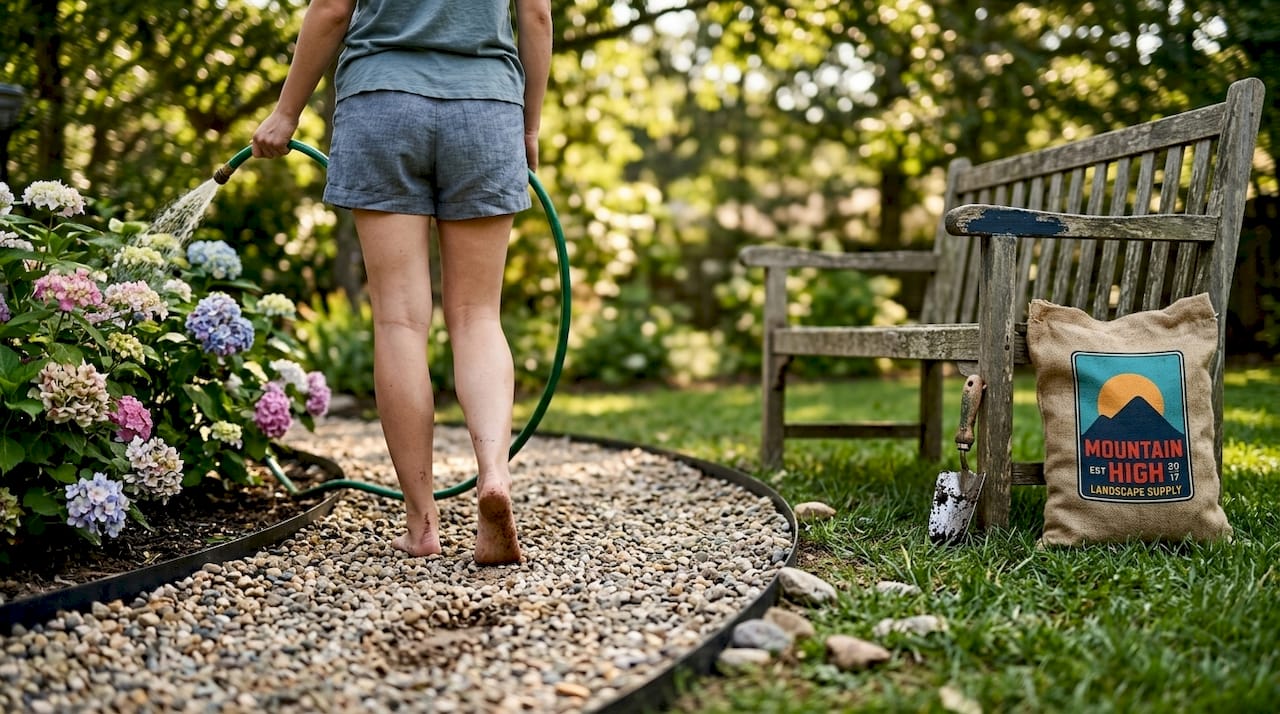 Bare feet walking along pea gravel path