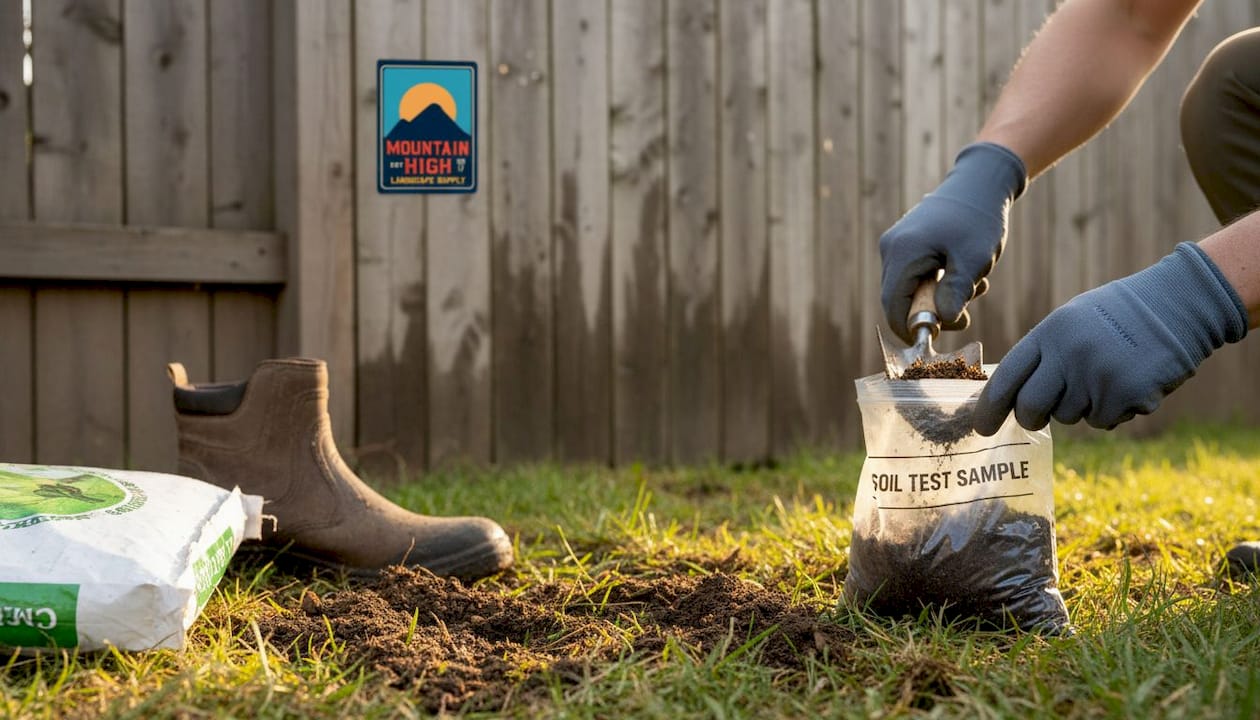 Hands collect backyard soil sample for test