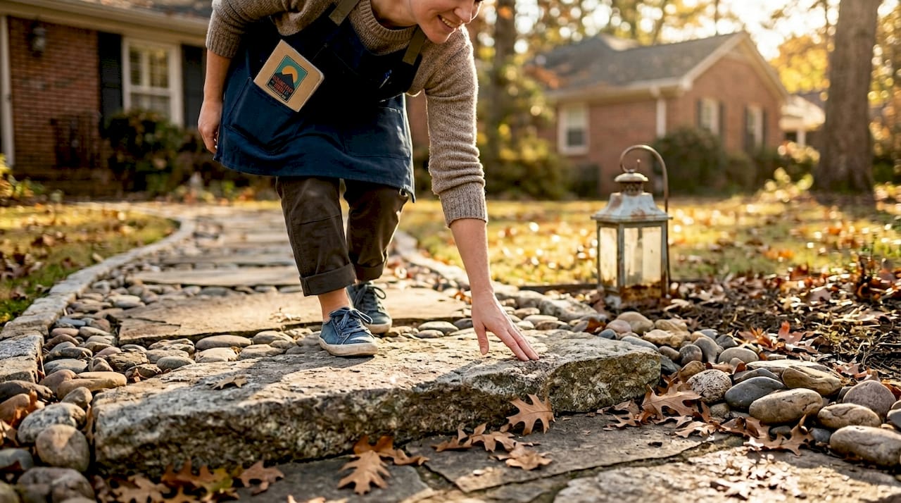 Homeowner inspecting stone pathway arrangement