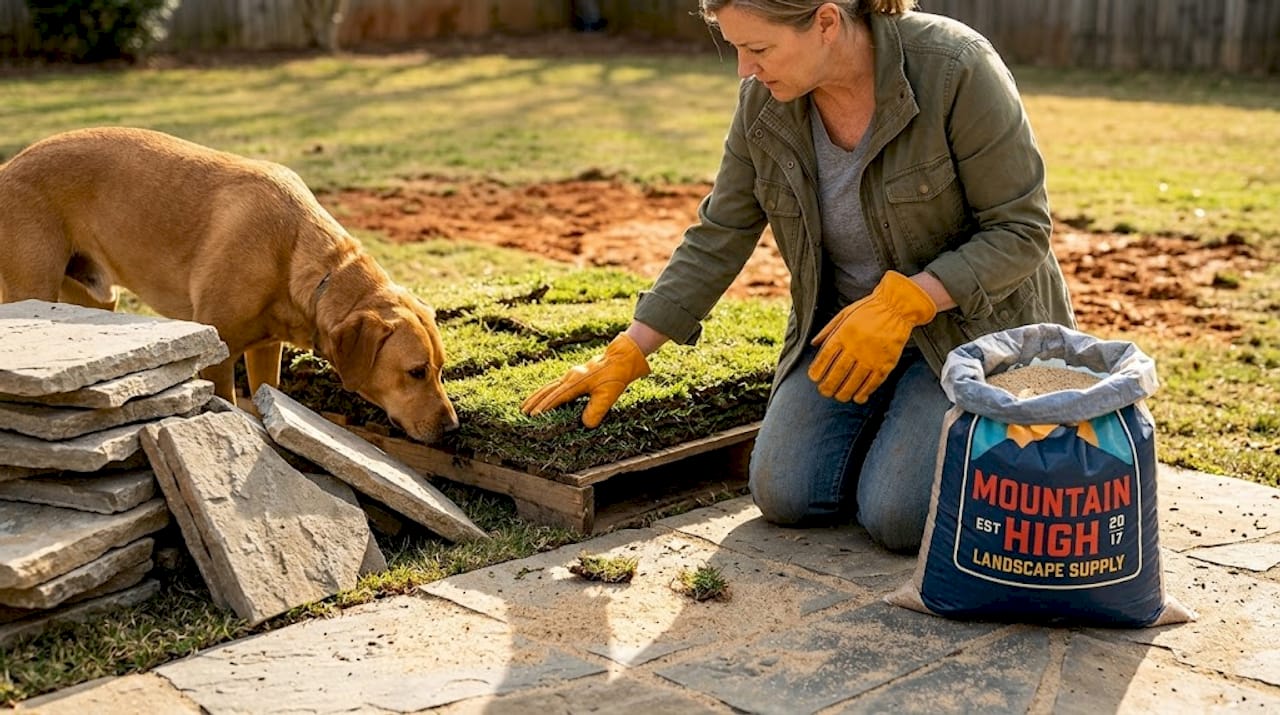 Homeowner examining sod and pavers in backyard