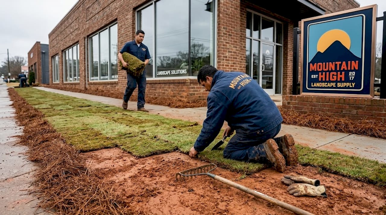 Crew installing sod at Atlanta commercial property