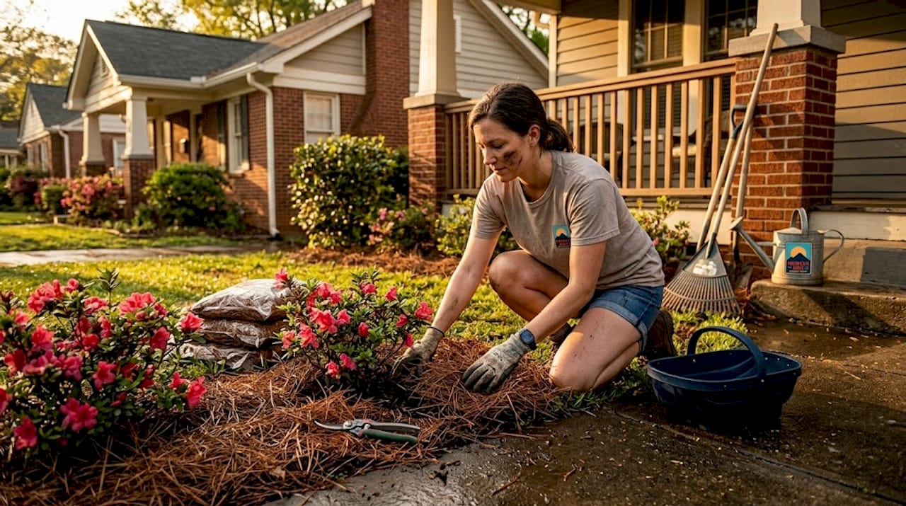 Homeowner applying mulch in Atlanta yard