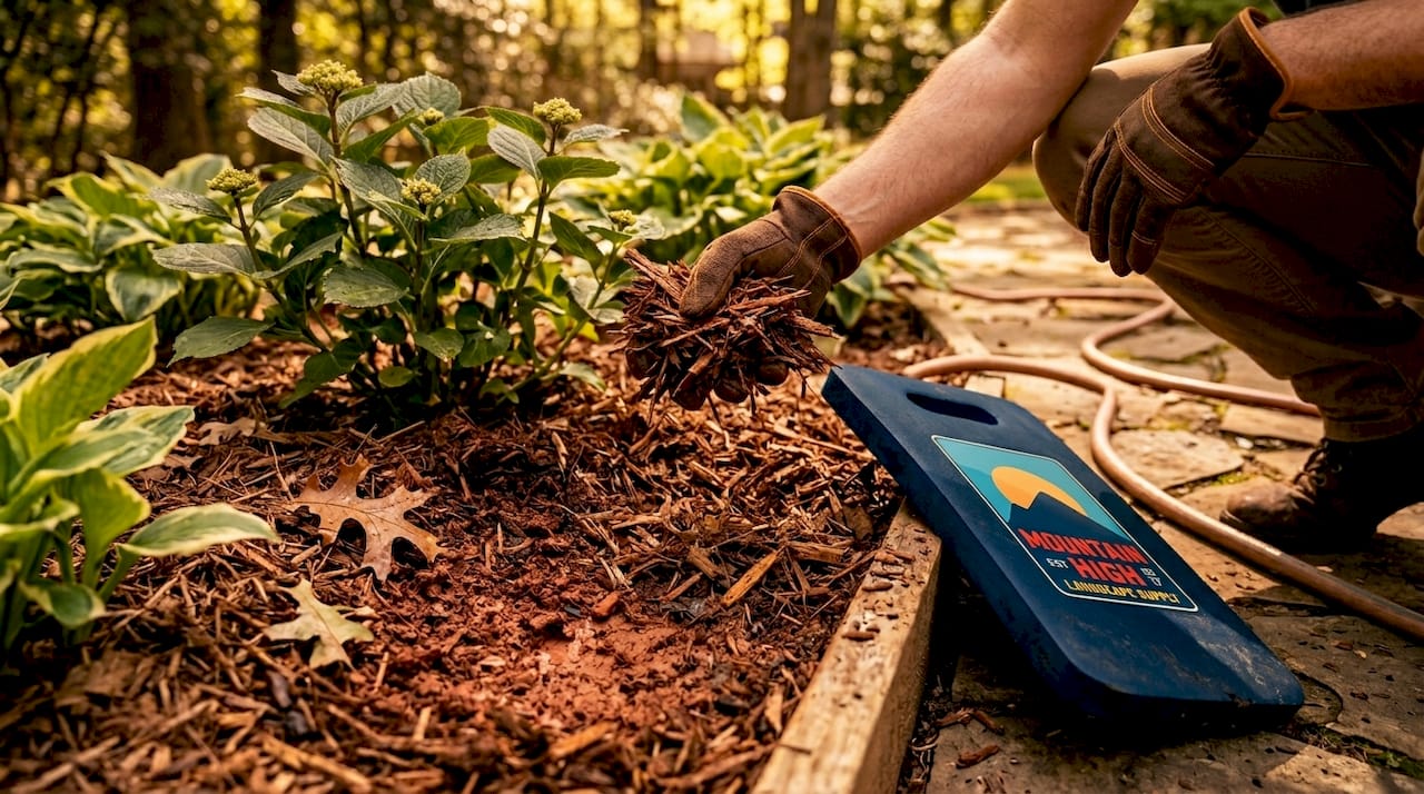 Hand lifts mulch showing moist soil below