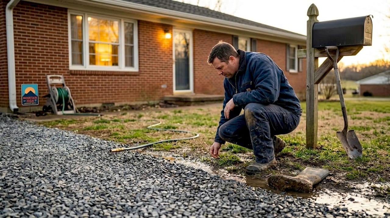 Homeowner checking drainage on stone driveway