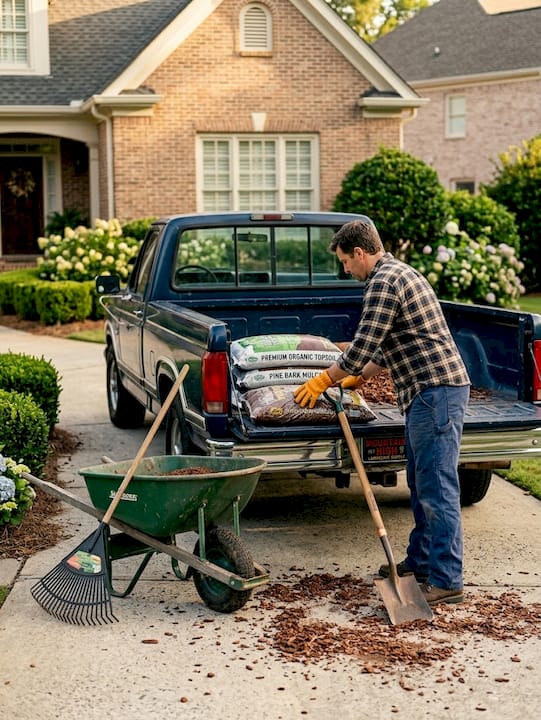 Pickup truck with landscaping tools and materials