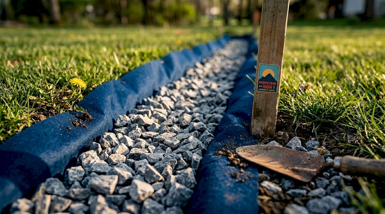 Angular crushed stone filling backyard drainage trench