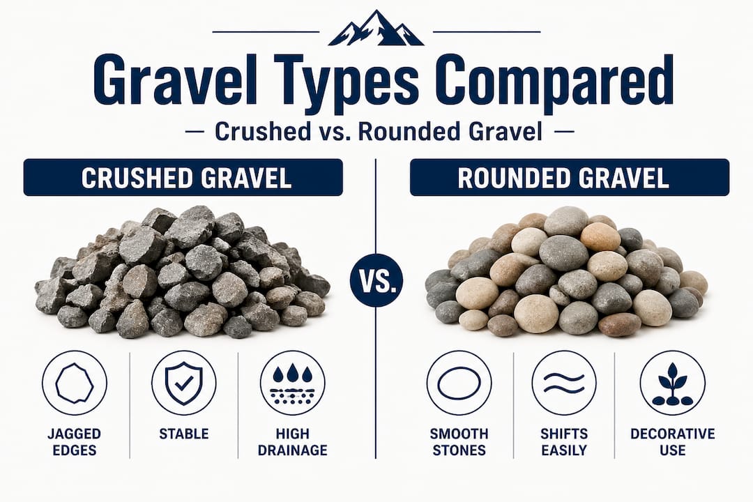 Infographic comparing crushed and rounded drainage gravel
