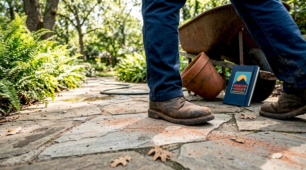 Flagstone patio with boots and garden details