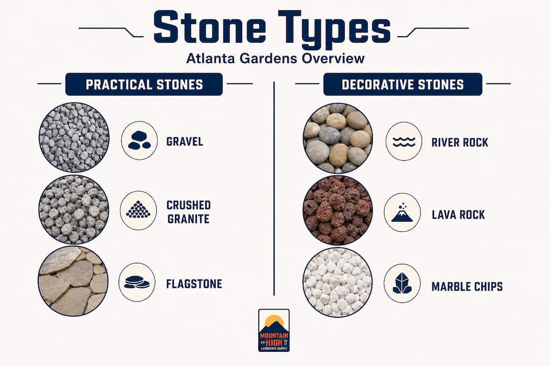 Infographic comparing practical and decorative garden stones