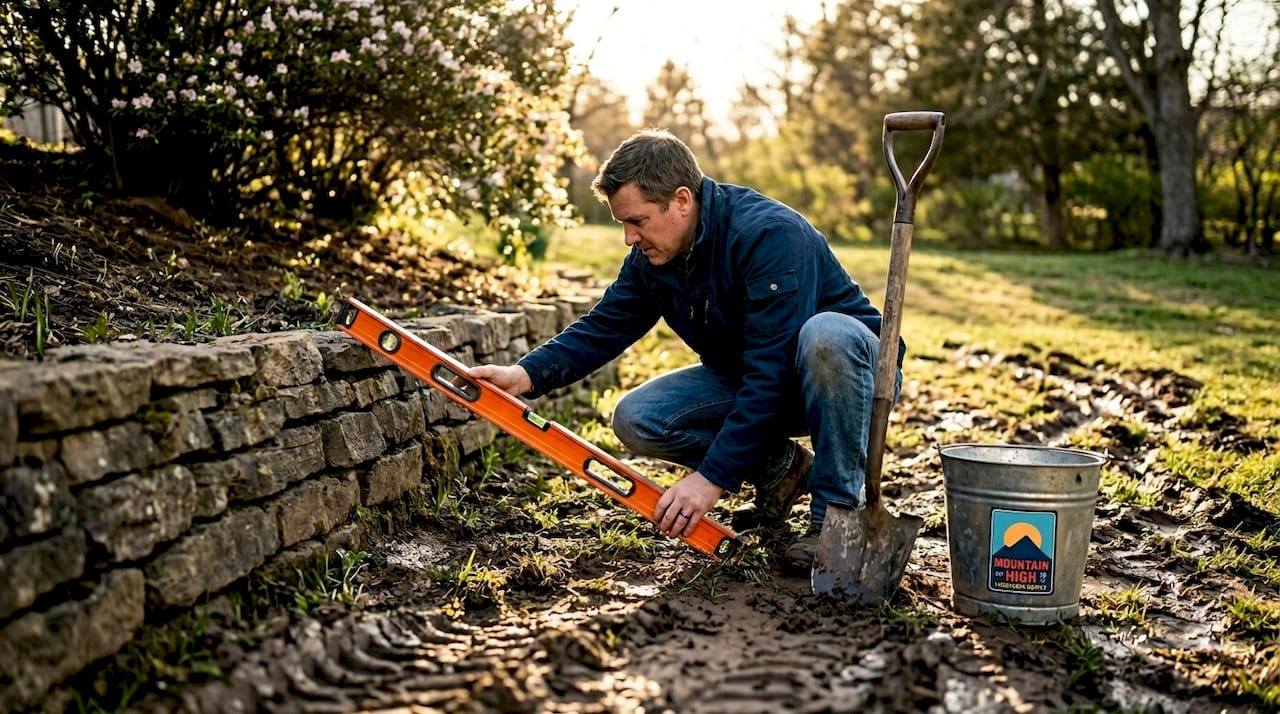 Homeowner checking backyard slope for drainage