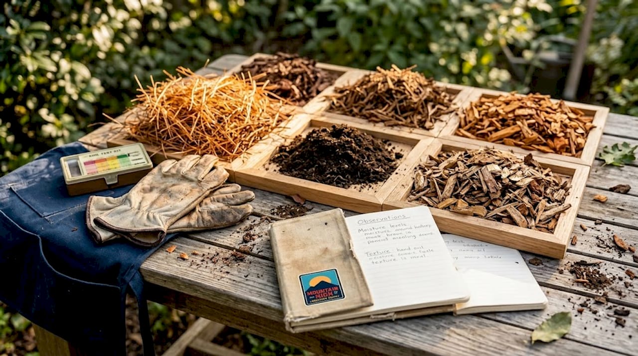 Different organic mulches on potting bench