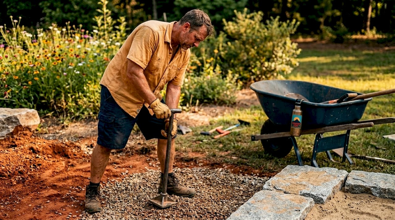 Landscaper compacting gravel for stone base