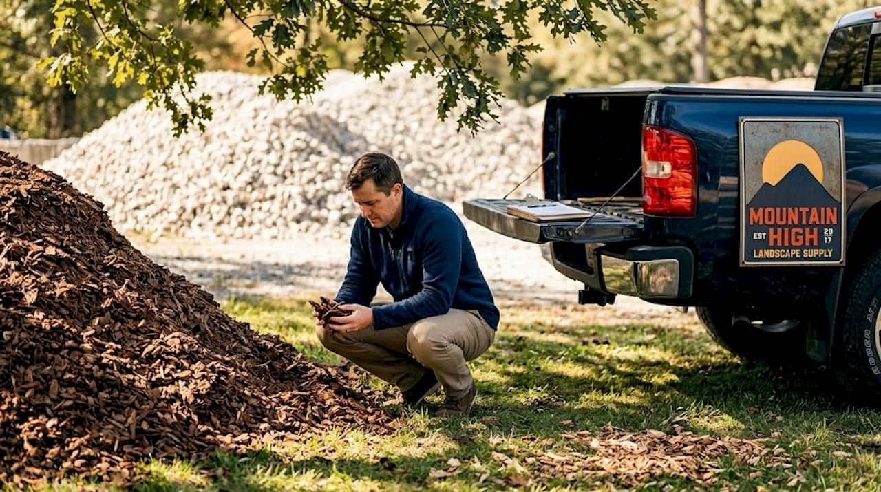 Homeowner inspecting bulk landscape materials Marietta