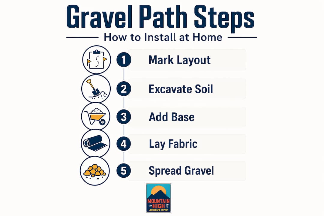 Infographic with five steps for installing gravel path