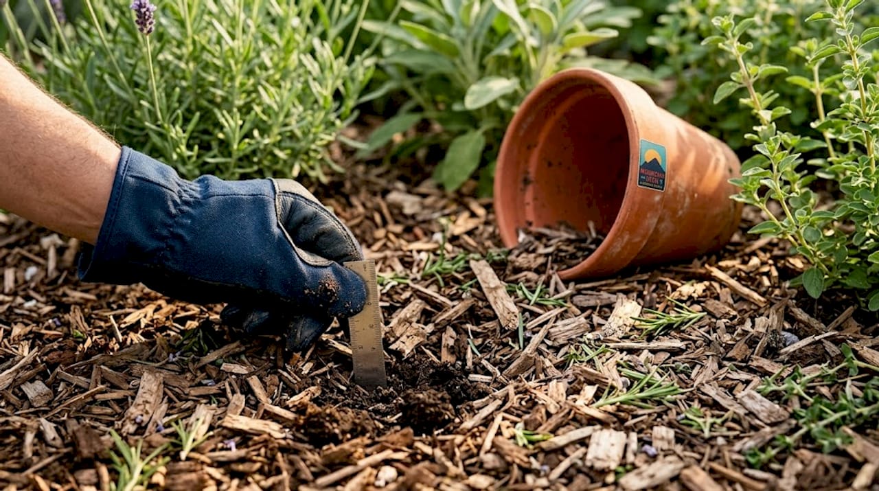 Hand measures mulch depth with ruler in garden bed