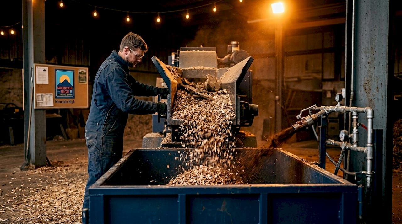 Worker grinding and dyeing wood chips for mulch