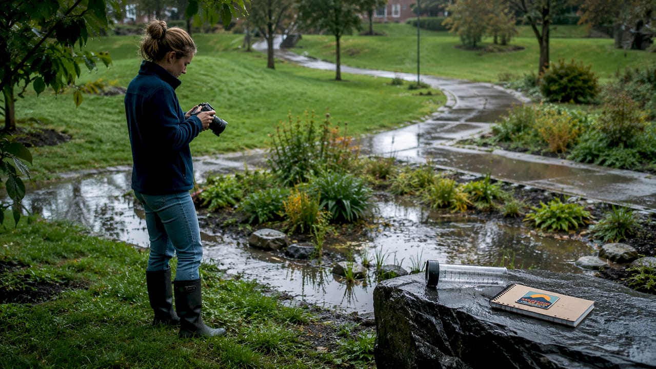 Woman photographing water pooling in yard after rain