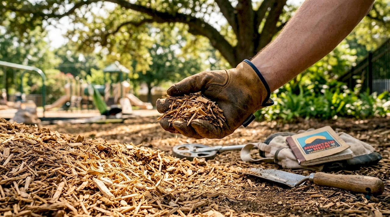 Close-up of hand scooping wood fiber mulch