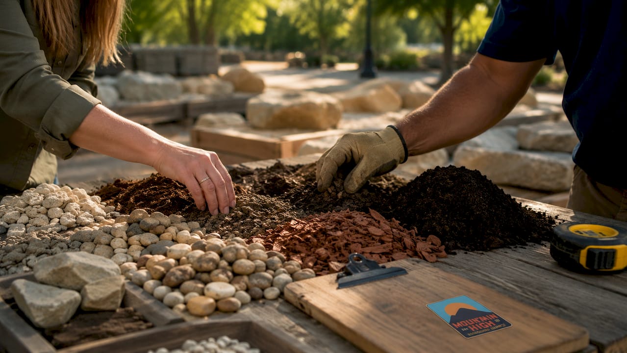 Hands sorting landscape material samples outdoors
