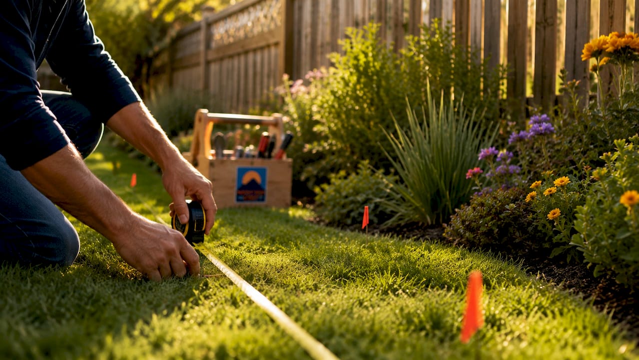 Hands measuring outdoor garden boundary