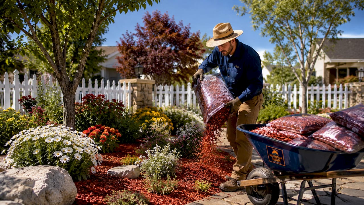 Gardener applying red mulch outdoors
