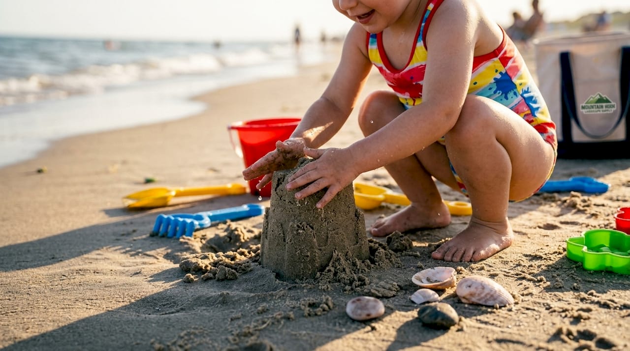 Child building sandcastle in sunny sandbox