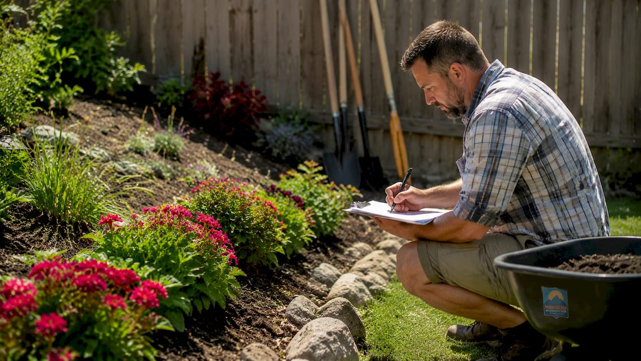 Homeowner assessing yard conditions with clipboard outdoors