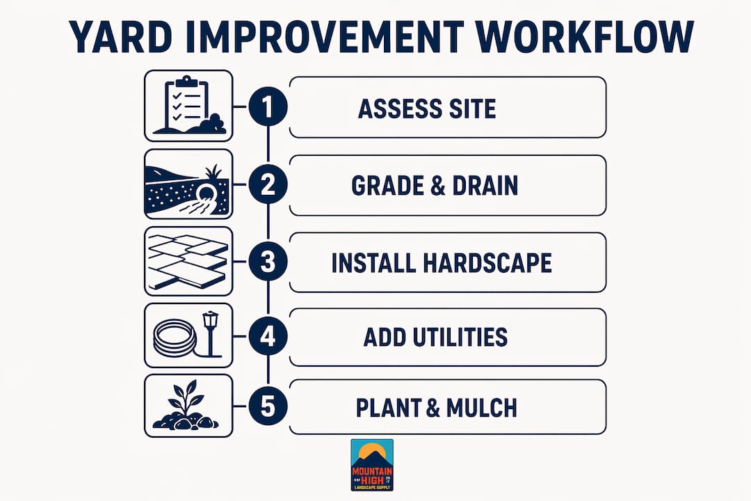 Infographic showing five phased steps of yard improvement