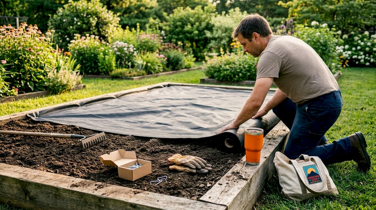 Homeowner installing landscape fabric outdoors