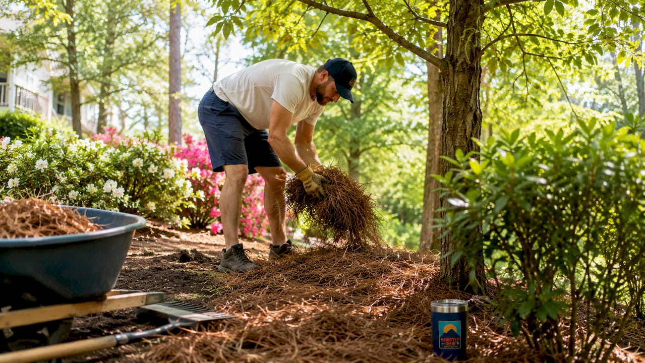 Gardener spreading pine straw mulch outdoors