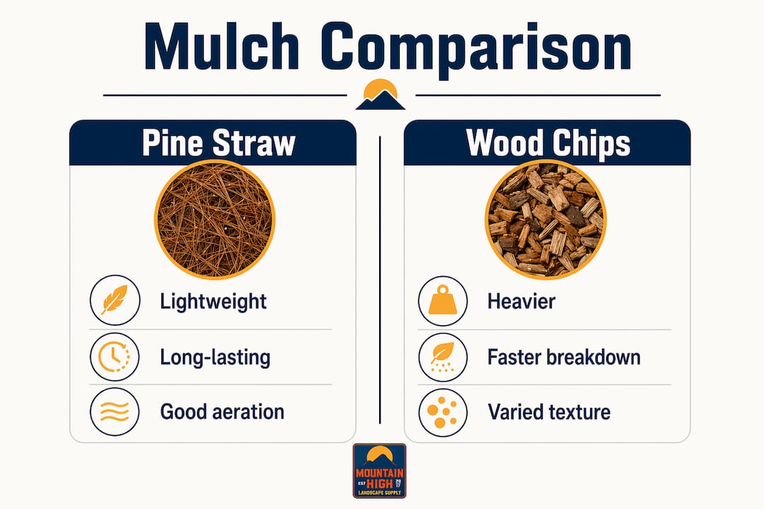 Infographic comparing pine straw and wood chip mulches