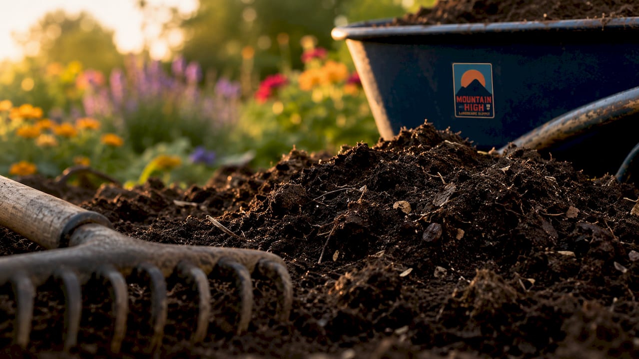 Close-up of garden soil texture with organic matter