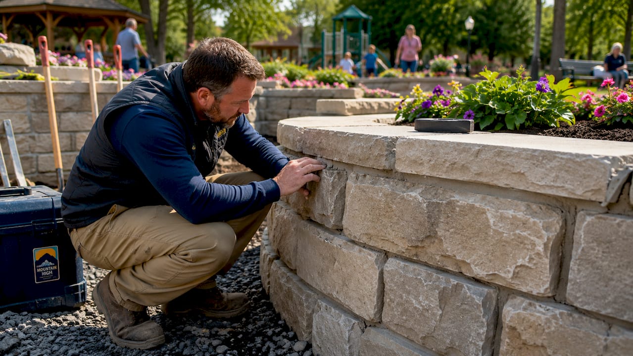 Contractor inspecting limestone retaining wall