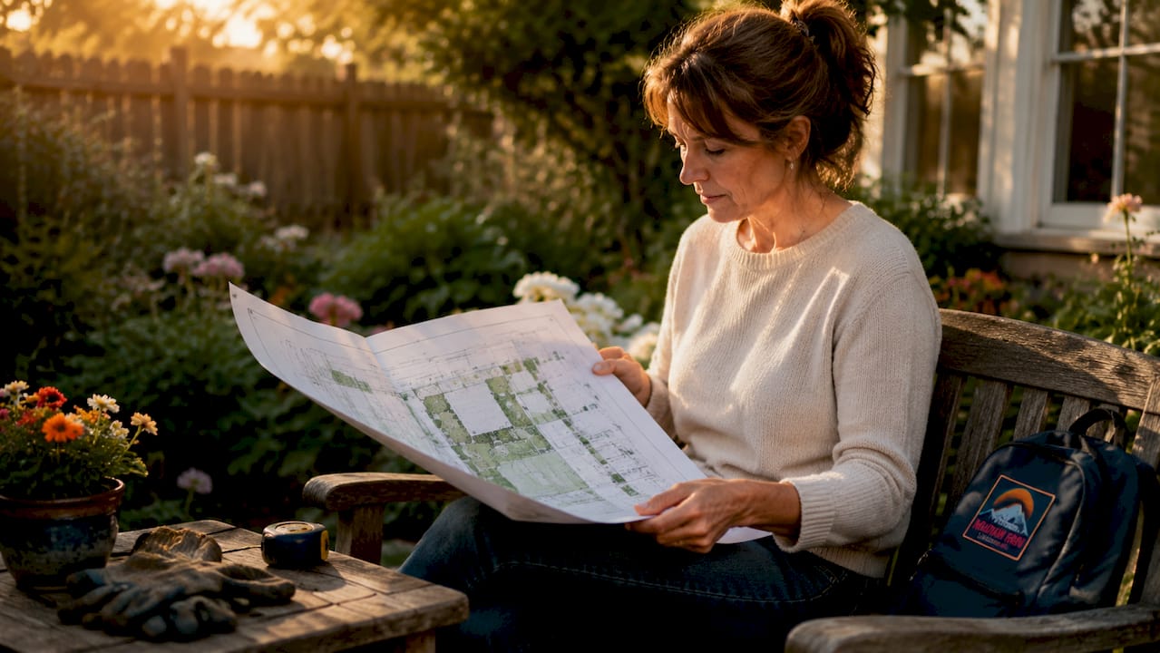 Homeowner reviewing yard zoning plan outdoors