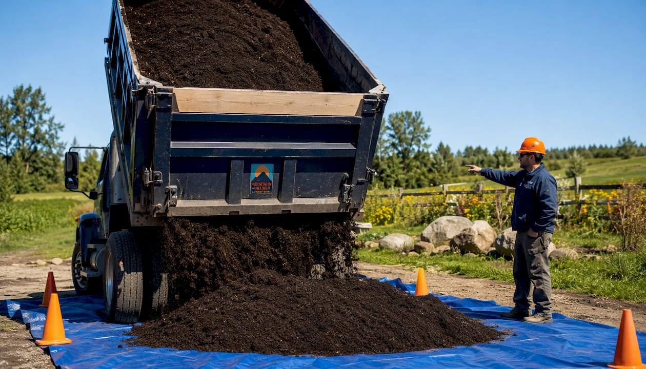 Tipper truck unloading bulk soil at marked drop zone