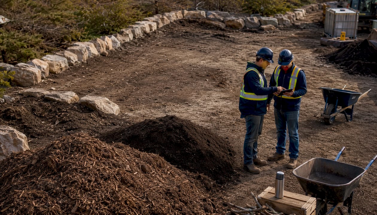 Workers preparing landscape site with containment borders