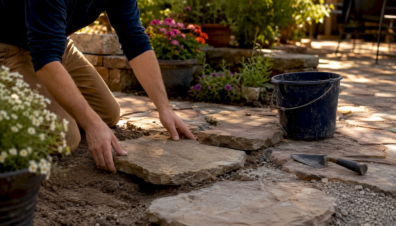 Homeowner installing flagstone in garden pathway