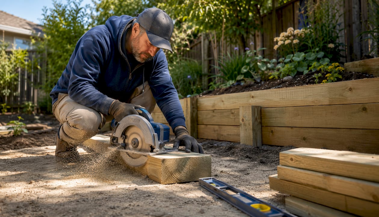 Homeowner cutting timber for garden bed