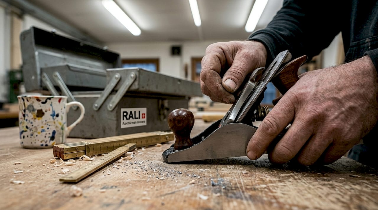 Des mains règlent un outil d’atelier en mouvement.