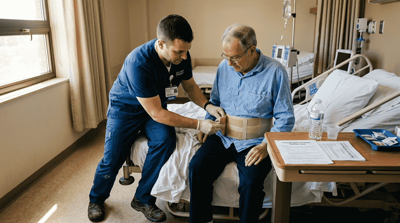 Nurse helps patient with hernia garment fitting