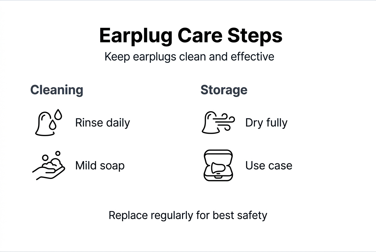 Infographic of earplug cleaning and storage steps