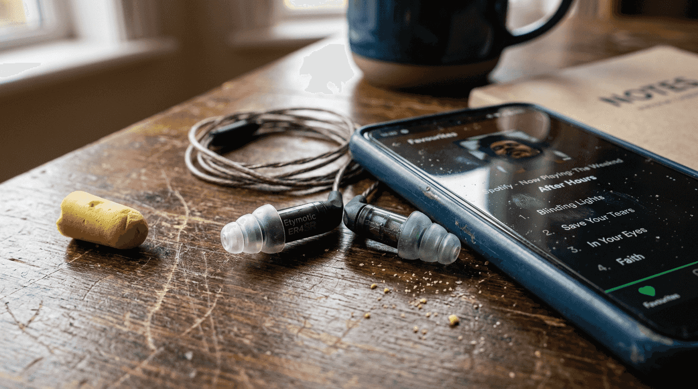 Close-up high-fidelity earplugs beside foam plug