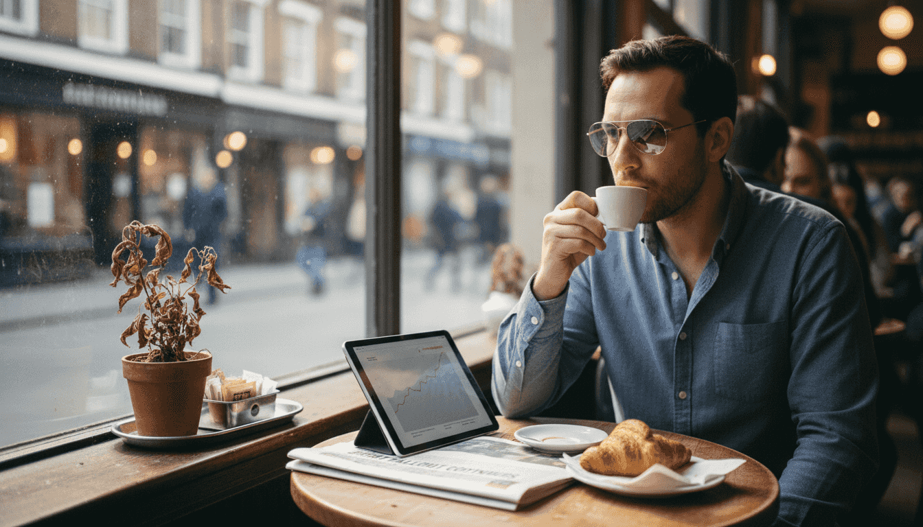 Man with aviator glasses drinking coffee in cafe