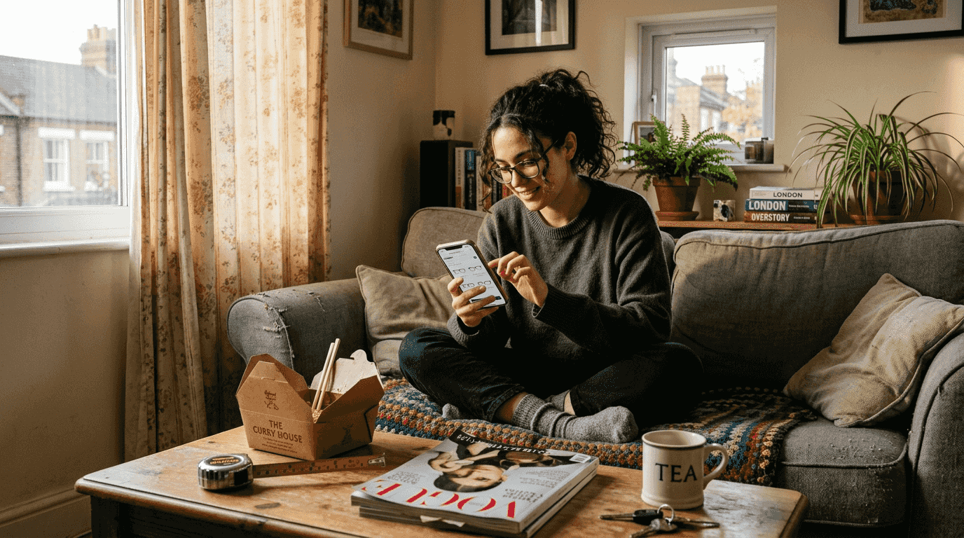 Woman browsing eyeglasses on phone on sofa