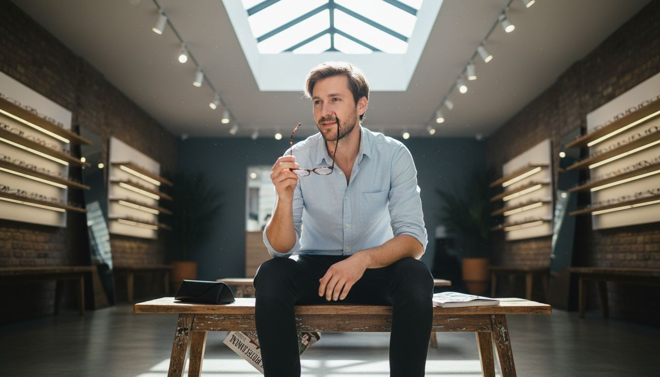 Man holding oval glasses near face