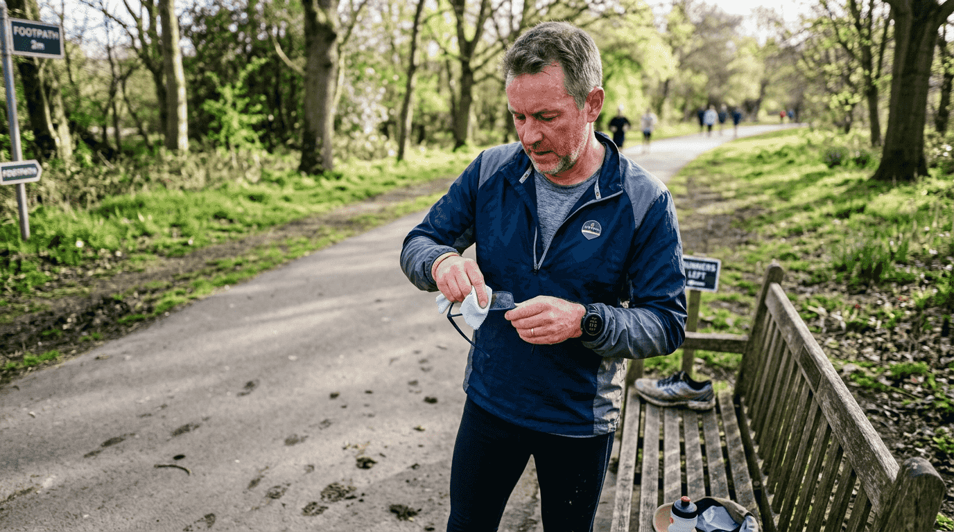 Man cleaning TR90 eyewear on park bench